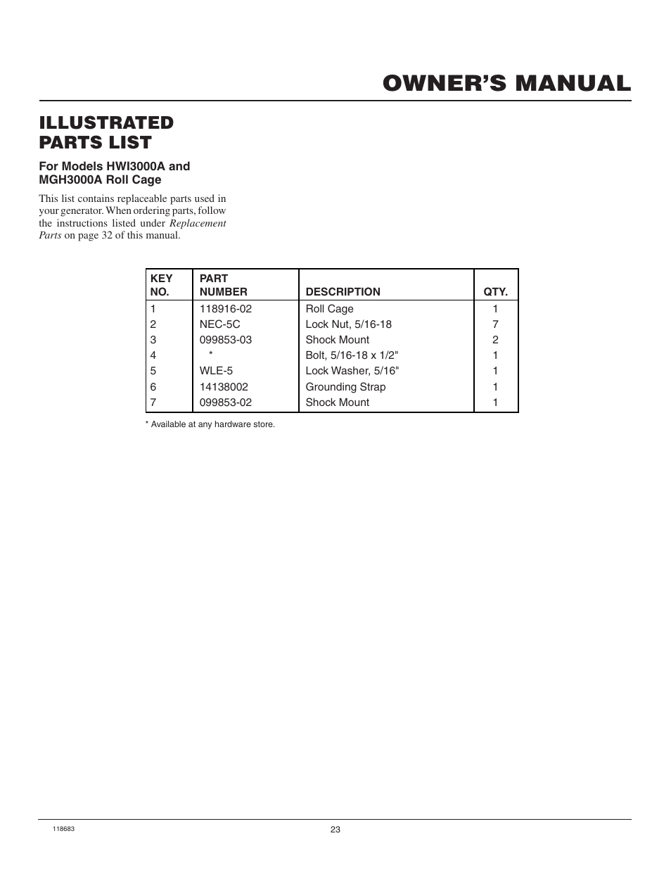 Owner’s manual, Illustrated parts list | Desa Hwi3000a User Manual | Page 23 / 32