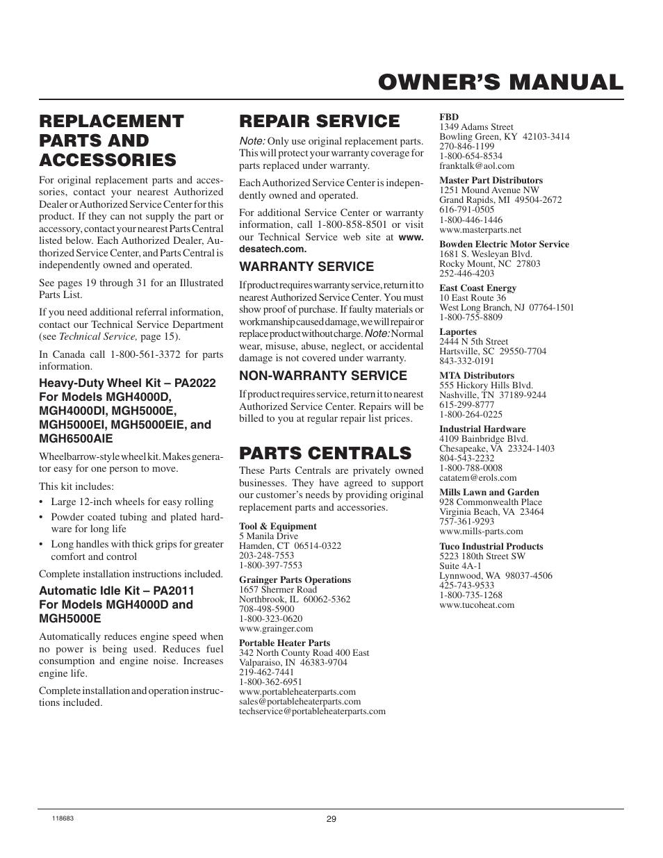 Owner’s manual, Parts centrals, Replacement parts and accessories | Repair service | Desa Hwi3000a User Manual | Page 29 / 32