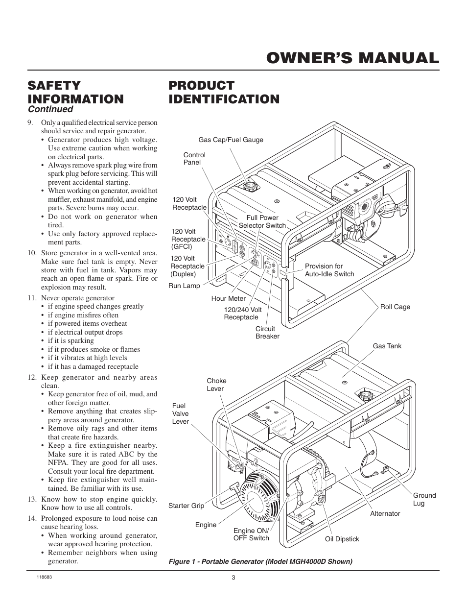 Owner’s manual, Product identification, Safety information | Continued | Desa Hwi3000a User Manual | Page 3 / 32