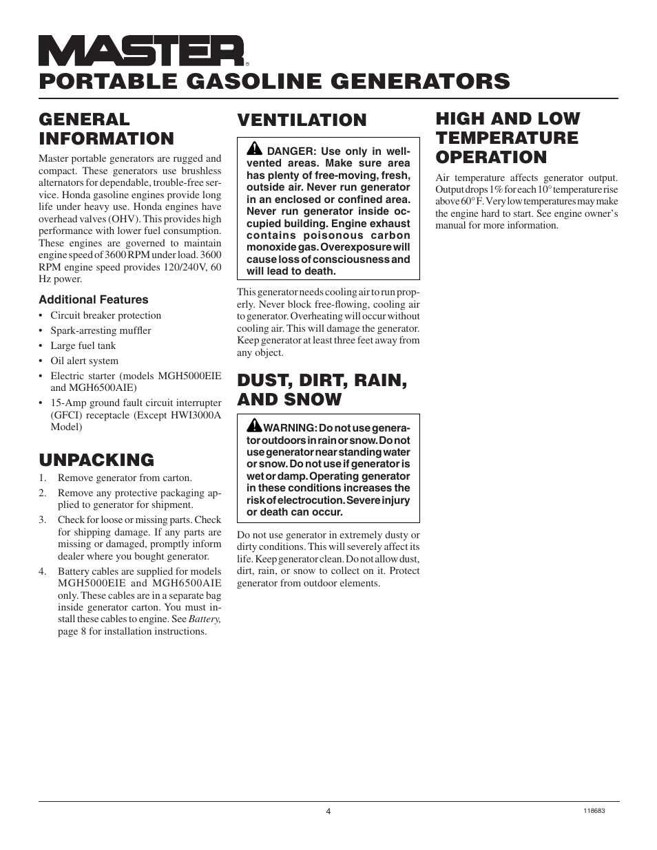 Portable gasoline generators, General information, Unpacking | Desa Hwi3000a User Manual | Page 4 / 32