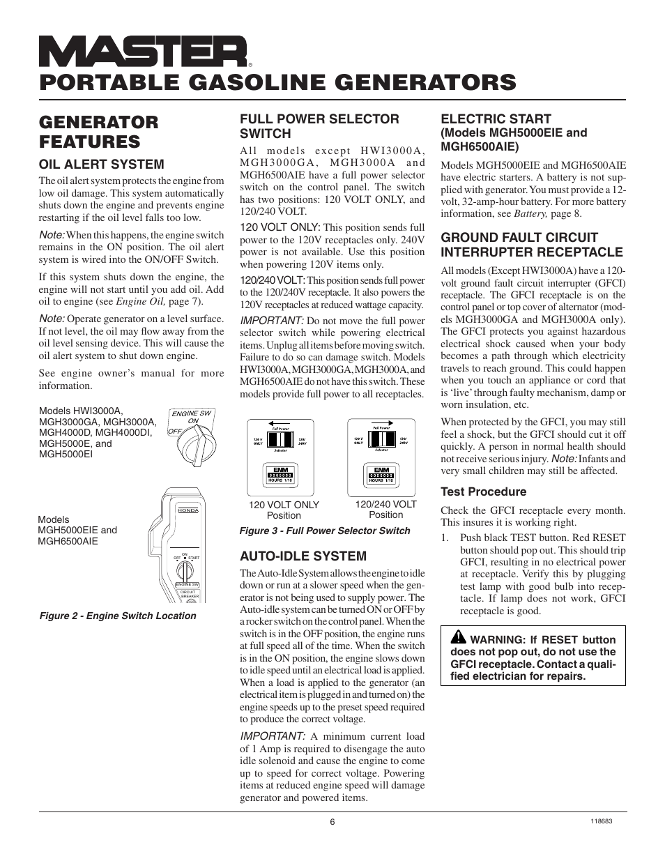 Portable gasoline generators, Generator features, Ground fault circuit interrupter receptacle | Oil alert system, Full power selector switch, Electric start, Auto-idle system | Desa Hwi3000a User Manual | Page 6 / 32