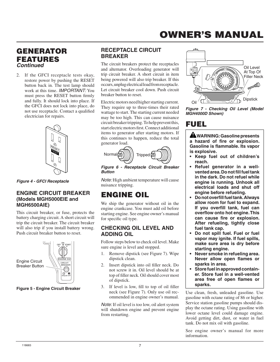 Owner’s manual, Engine oil, Generator features | Fuel | Desa Hwi3000a User Manual | Page 7 / 32