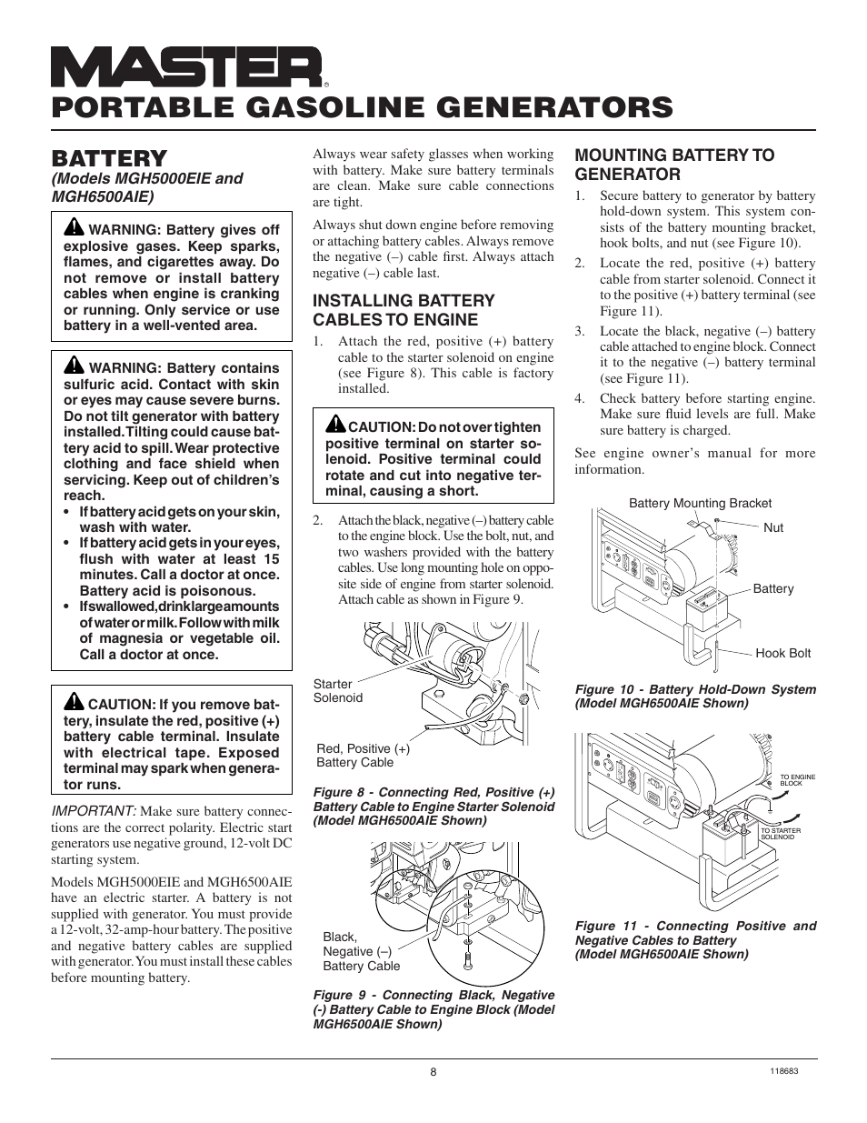 Portable gasoline generators, Battery, Mounting battery to generator | Installing battery cables to engine | Desa Hwi3000a User Manual | Page 8 / 32