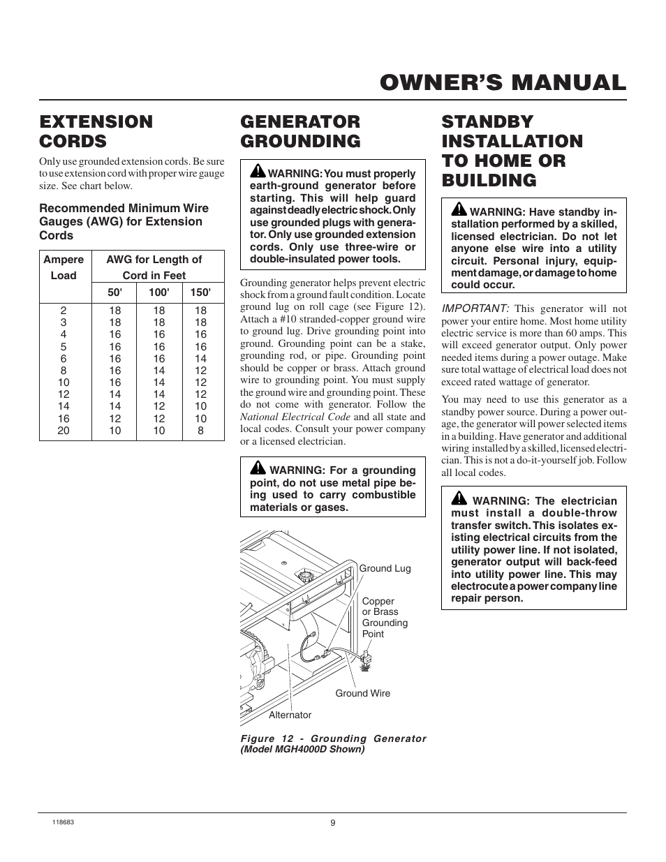 Owner’s manual, Generator grounding, Extension cords | Standby installation to home or building | Desa Hwi3000a User Manual | Page 9 / 32