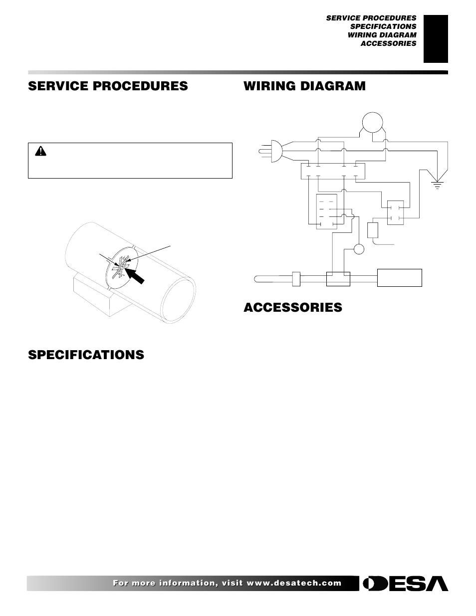 Service procedures, Specifications, Wiring diagram | Accessories, Continued | Desa BLP100 User Manual | Page 9 / 16