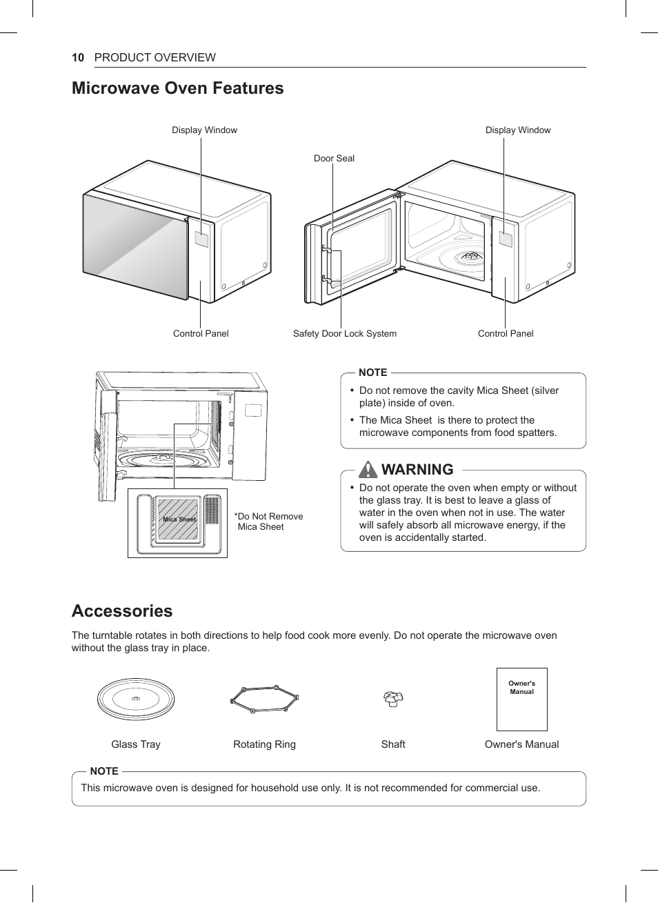Microwave oven features, Accessories, Warning | LG 0.9 cu. ft. Countertop Microwave User Manual User Manual | Page 10 / 60