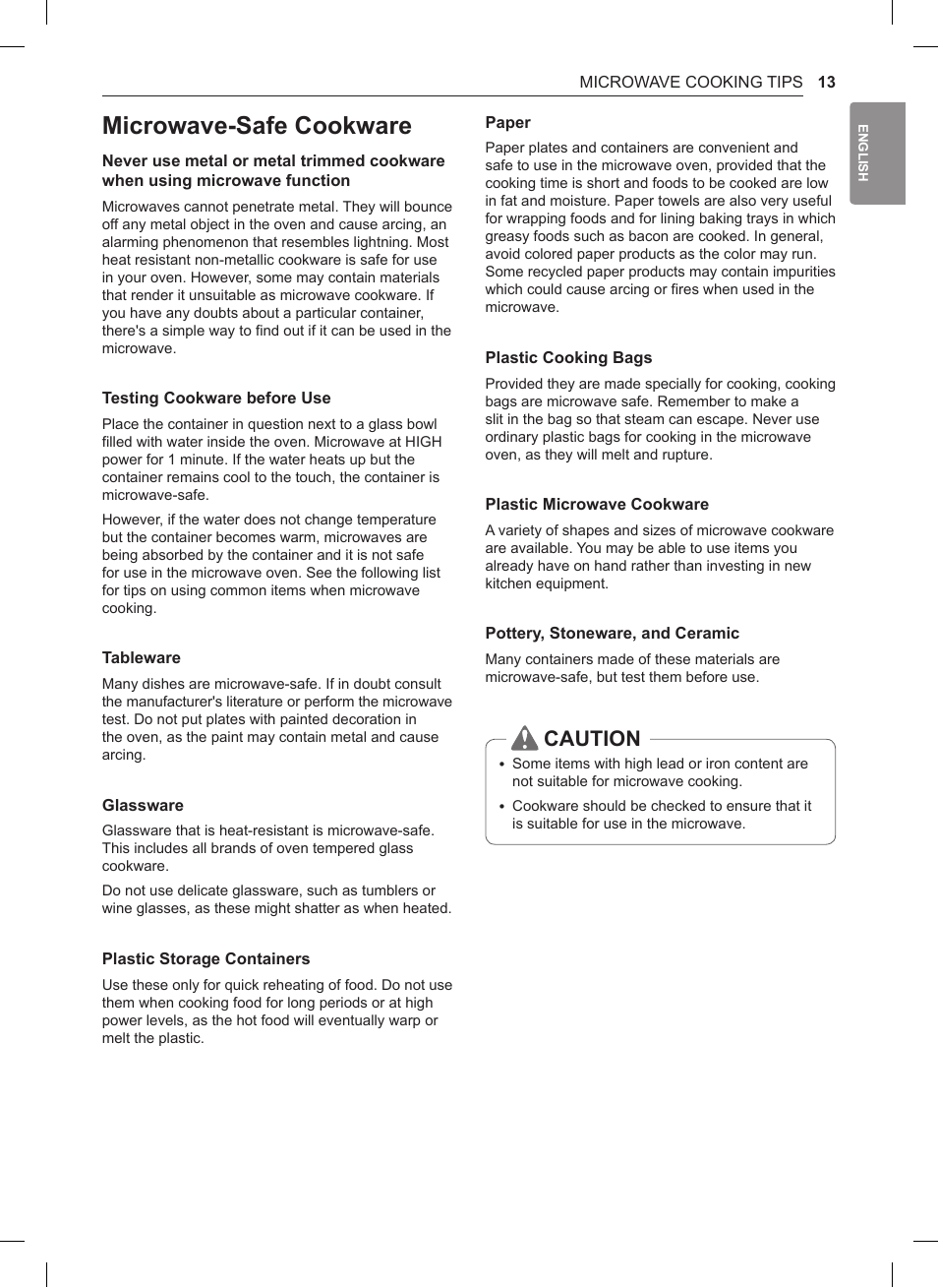 Microwave-safe cookware, Caution | LG 0.9 cu. ft. Countertop Microwave User Manual User Manual | Page 13 / 60