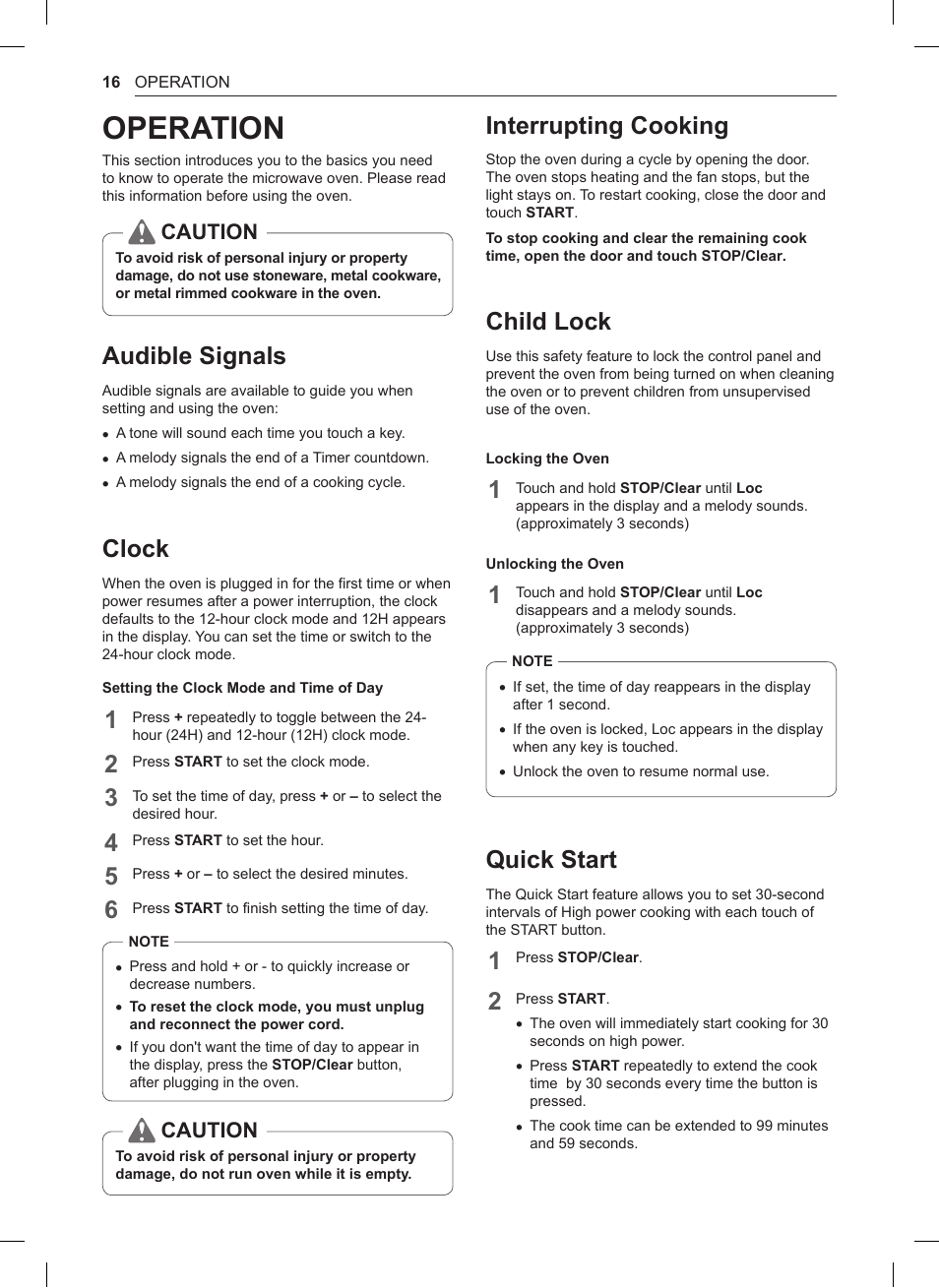 Operation, Audible signals, Clock | Interrupting cooking, Child lock, Quick start, Caution | LG 0.9 cu. ft. Countertop Microwave User Manual User Manual | Page 16 / 60