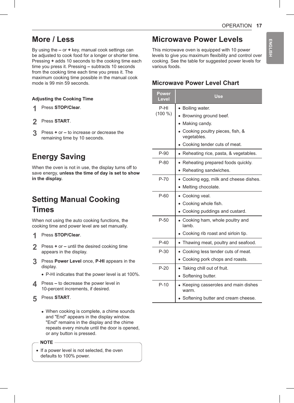 More / less, Energy saving, Setting manual cooking times | Microwave power levels, Microwave power level chart | LG 0.9 cu. ft. Countertop Microwave User Manual User Manual | Page 17 / 60