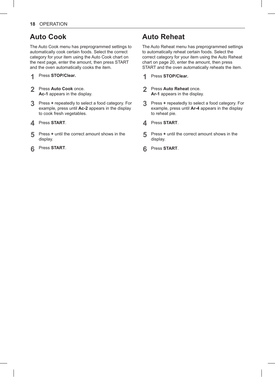 Auto cook, Auto reheat | LG 0.9 cu. ft. Countertop Microwave User Manual User Manual | Page 18 / 60