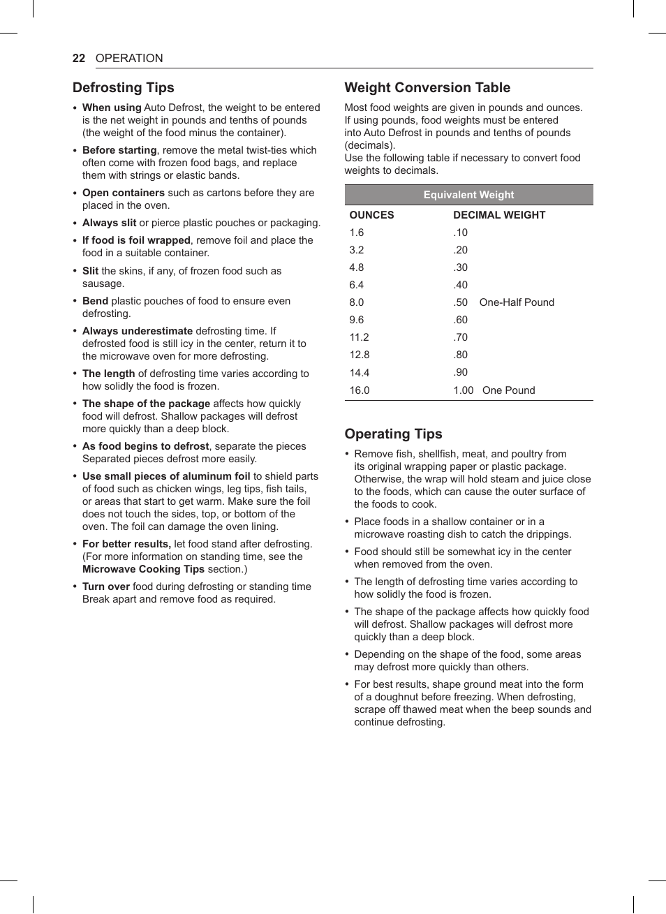 Defrosting tips, Weight conversion table, Operating tips | LG 0.9 cu. ft. Countertop Microwave User Manual User Manual | Page 22 / 60