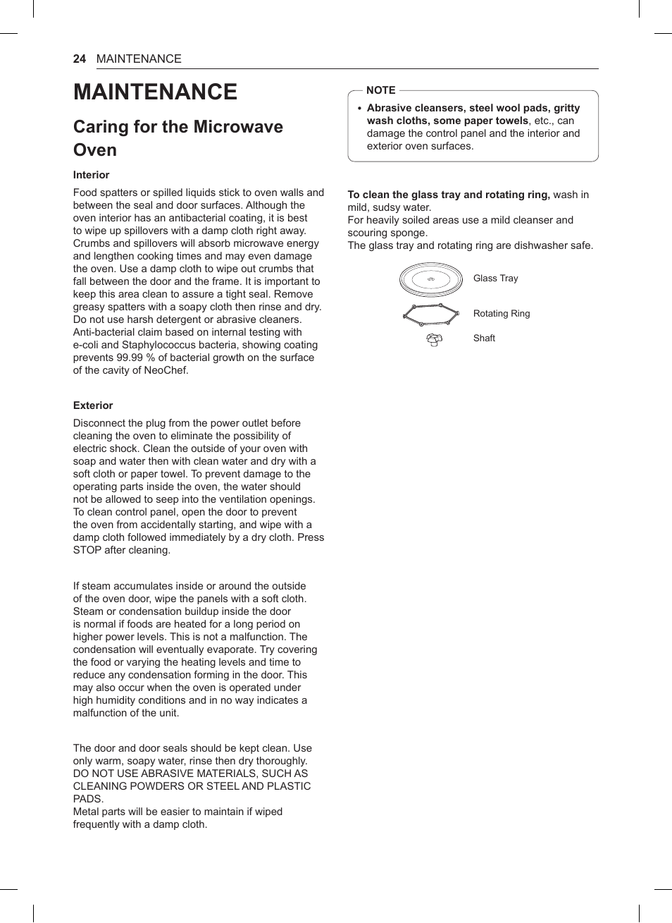 Maintenance, Caring for the microwave oven | LG 0.9 cu. ft. Countertop Microwave User Manual User Manual | Page 24 / 60