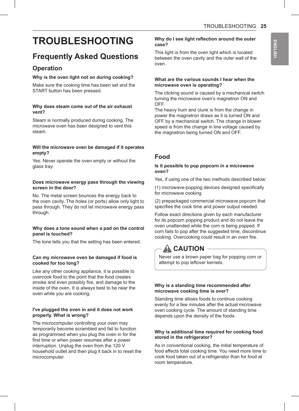 Troubleshooting, Frequently asked questions, Caution | Operation, Food | LG 0.9 cu. ft. Countertop Microwave User Manual User Manual | Page 25 / 60