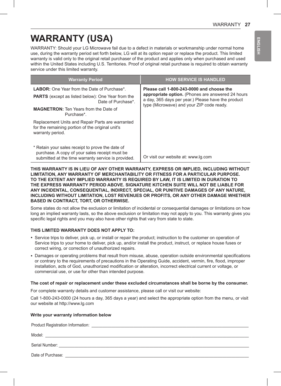 Warranty (usa) | LG 0.9 cu. ft. Countertop Microwave User Manual User Manual | Page 27 / 60