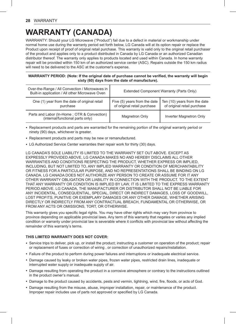 Warranty (canada) | LG 0.9 cu. ft. Countertop Microwave User Manual User Manual | Page 28 / 60