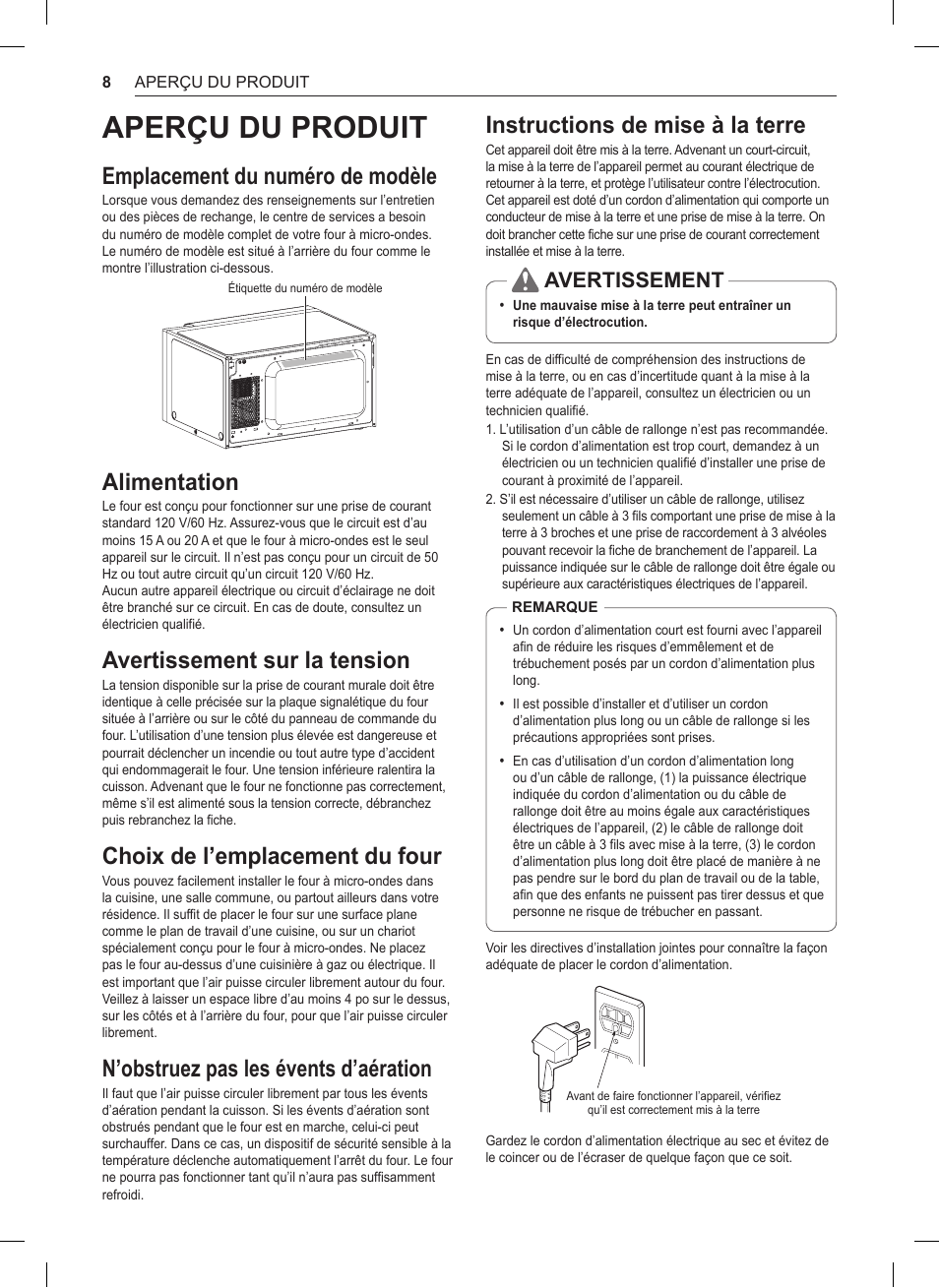 Aperçu du produit, Emplacement du numéro de modèle, Alimentation | Avertissement sur la tension, Choix de l’emplacement du four, N’obstruez pas les évents d’aération, Instructions de mise à la terre, Avertissement | LG 0.9 cu. ft. Countertop Microwave User Manual User Manual | Page 38 / 60