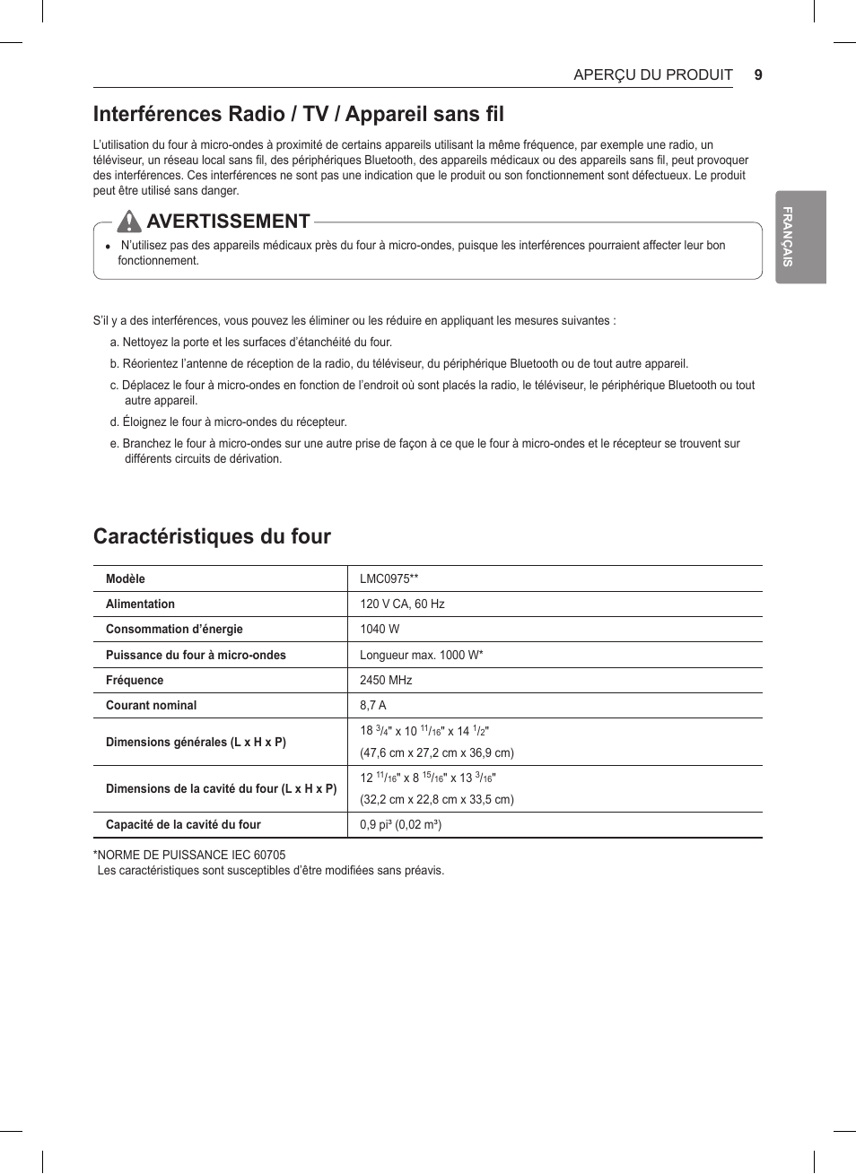Interférences radio / tv / appareil sans fil, Caractéristiques du four, Avertissement | LG 0.9 cu. ft. Countertop Microwave User Manual User Manual | Page 39 / 60
