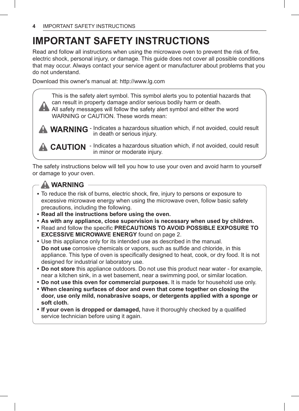 Important safety instructions, Warning, Caution | LG 0.9 cu. ft. Countertop Microwave User Manual User Manual | Page 4 / 60
