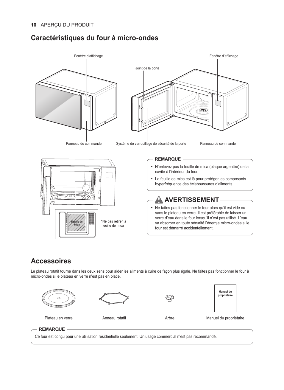 Caractéristiques du four à micro-ondes, Accessoires, Avertissement | LG 0.9 cu. ft. Countertop Microwave User Manual User Manual | Page 40 / 60