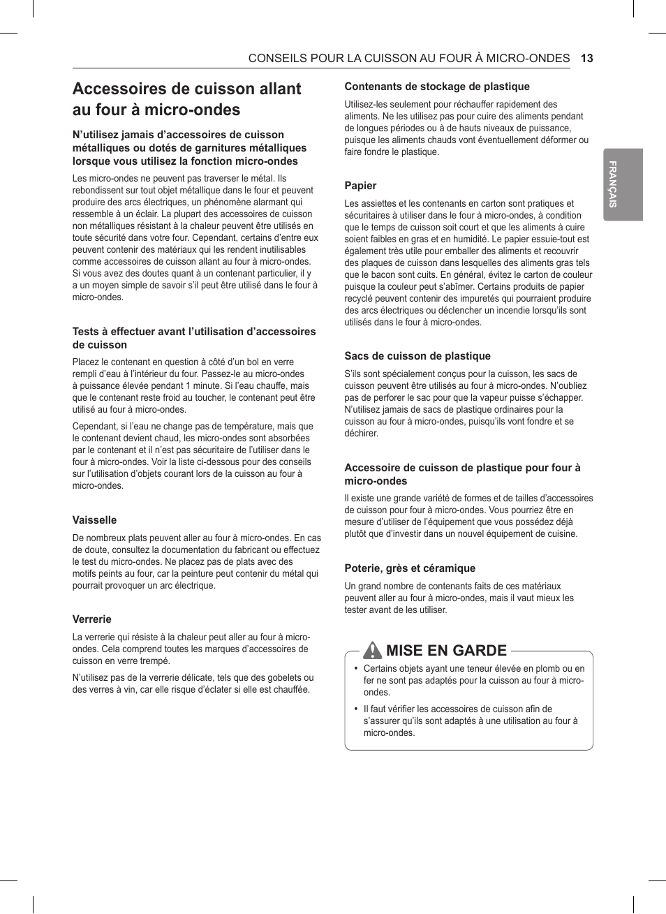 Mise en garde | LG 0.9 cu. ft. Countertop Microwave User Manual User Manual | Page 43 / 60