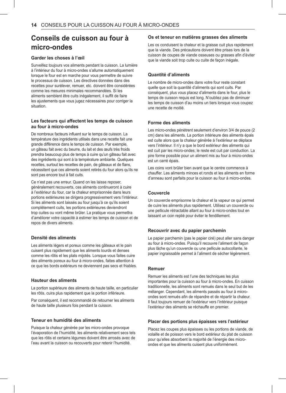 Conseils de cuisson au four à micro-ondes | LG 0.9 cu. ft. Countertop Microwave User Manual User Manual | Page 44 / 60