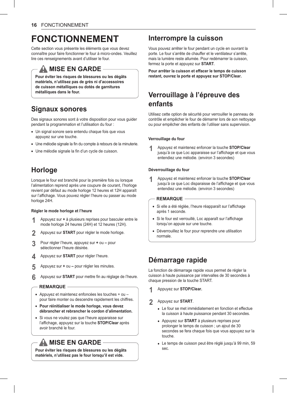 Fonctionnement, Signaux sonores, Horloge | Interrompre la cuisson, Verrouillage à l’épreuve des enfants, Démarrage rapide, Mise en garde | LG 0.9 cu. ft. Countertop Microwave User Manual User Manual | Page 46 / 60