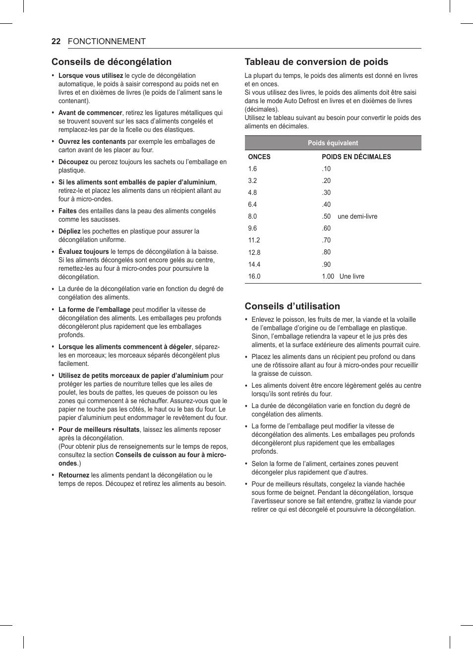 Conseils de décongélation, Tableau de conversion de poids, Conseils d’utilisation | LG 0.9 cu. ft. Countertop Microwave User Manual User Manual | Page 52 / 60