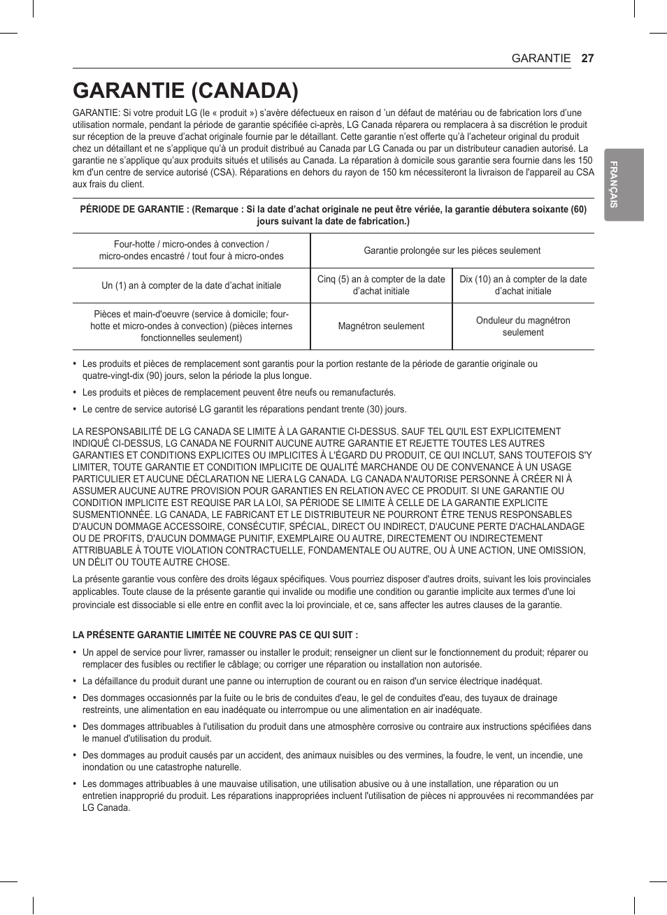 Garantie (canada) | LG 0.9 cu. ft. Countertop Microwave User Manual User Manual | Page 57 / 60