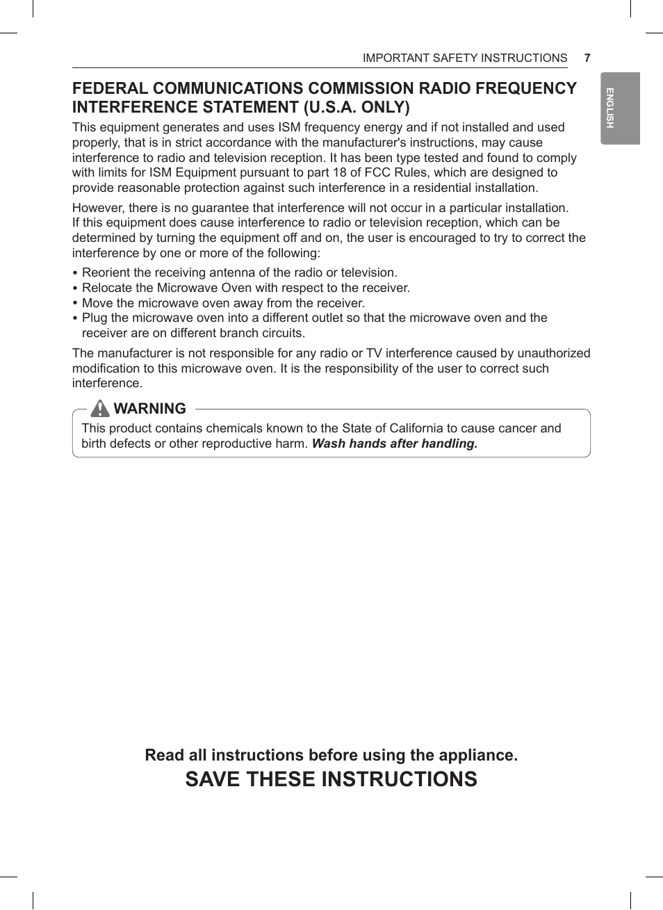 Save these instructions, Read all instructions before using the appliance | LG 0.9 cu. ft. Countertop Microwave User Manual User Manual | Page 7 / 60