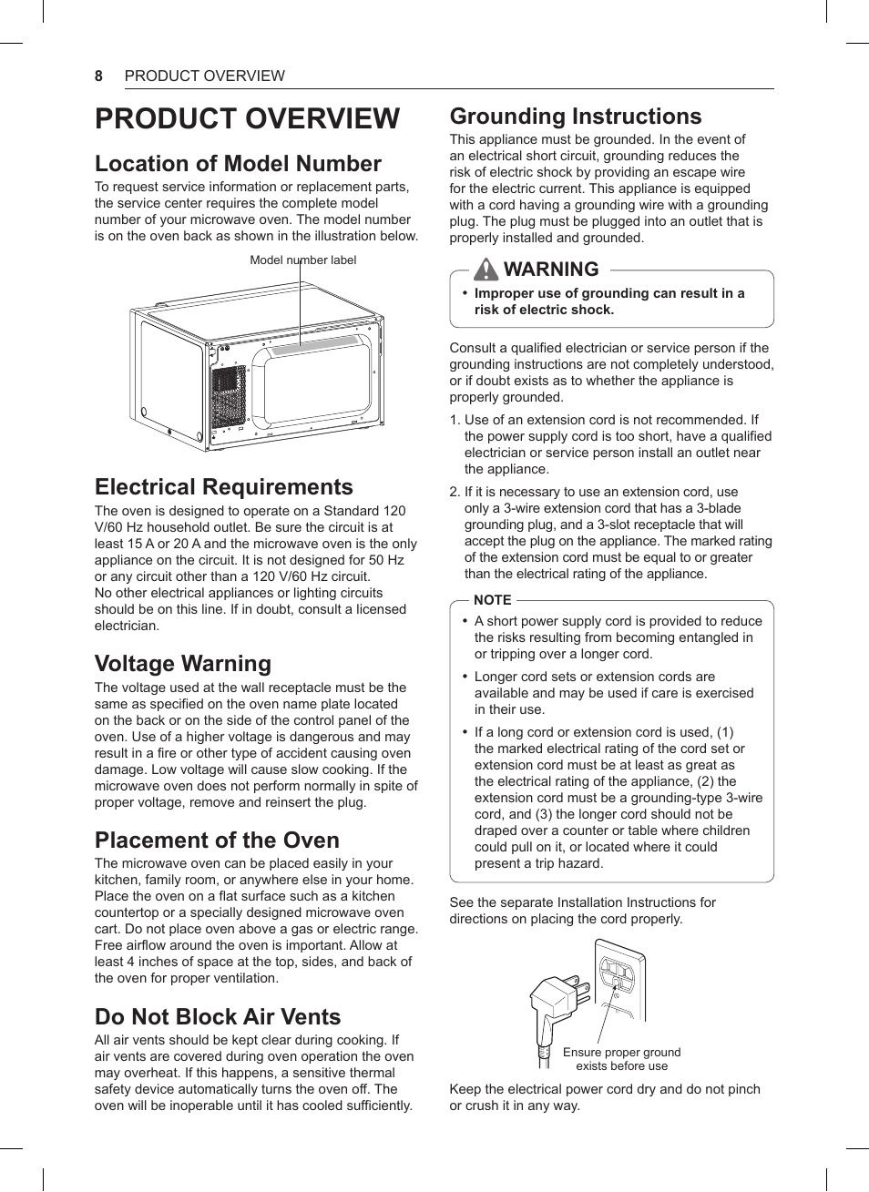 Product overview, Location of model number, Electrical requirements | Voltage warning, Placement of the oven, Do not block air vents, Grounding instructions, Warning | LG 0.9 cu. ft. Countertop Microwave User Manual User Manual | Page 8 / 60