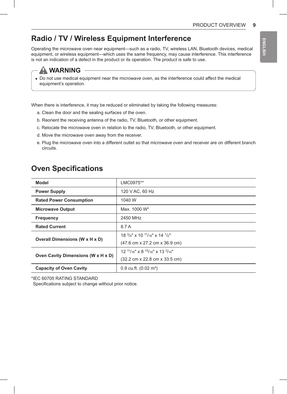 Radio / tv / wireless equipment interference, Oven specifications, Warning | LG 0.9 cu. ft. Countertop Microwave User Manual User Manual | Page 9 / 60