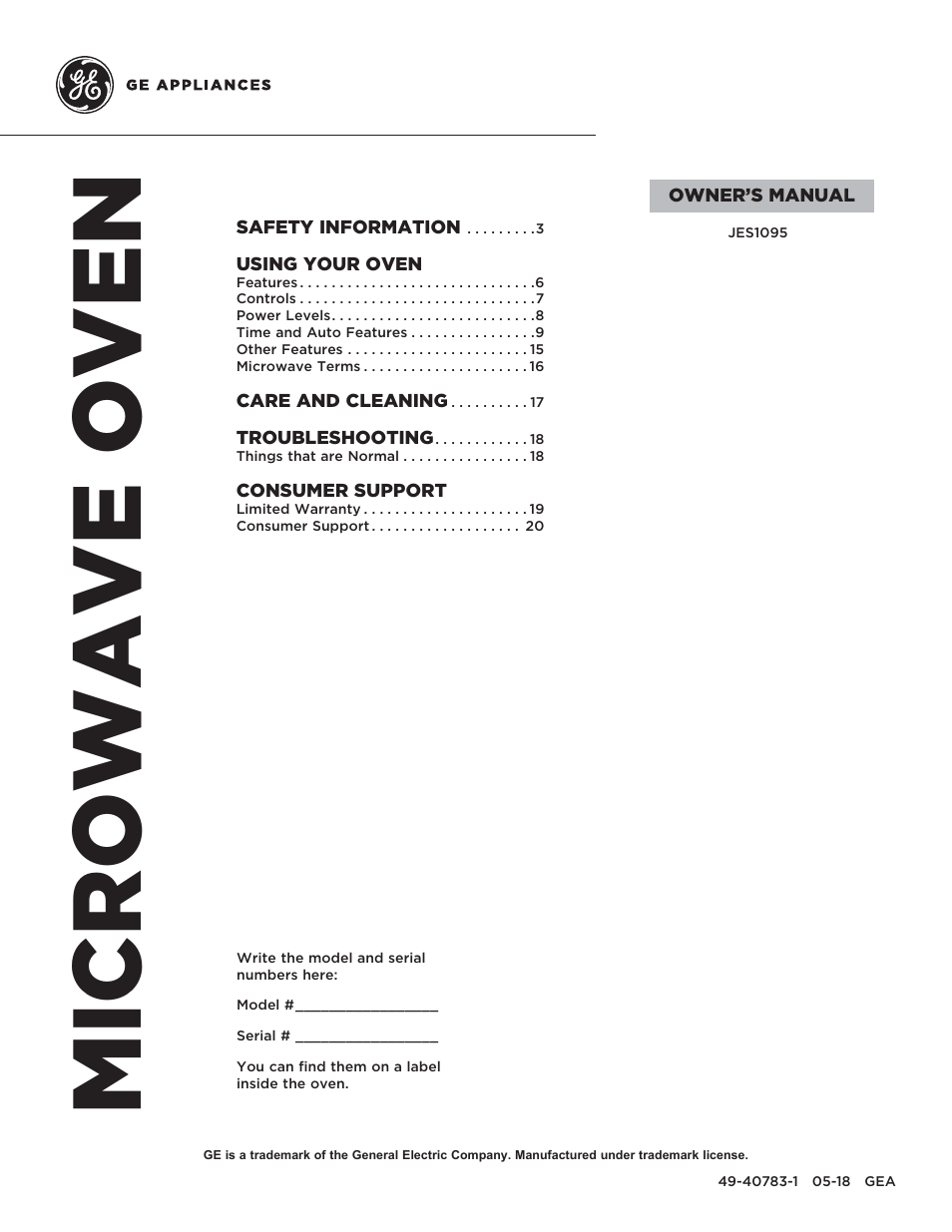 GE 0.9 cu. ft. Countertop Microwave Oven Use and Care Guide User Manual | 40 pages