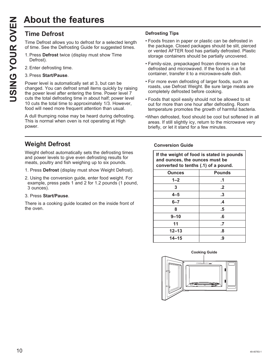 Using your oven about the features, Time defrost, Weight defrost | GE 0.9 cu. ft. Countertop Microwave Oven Use and Care Guide User Manual | Page 10 / 40