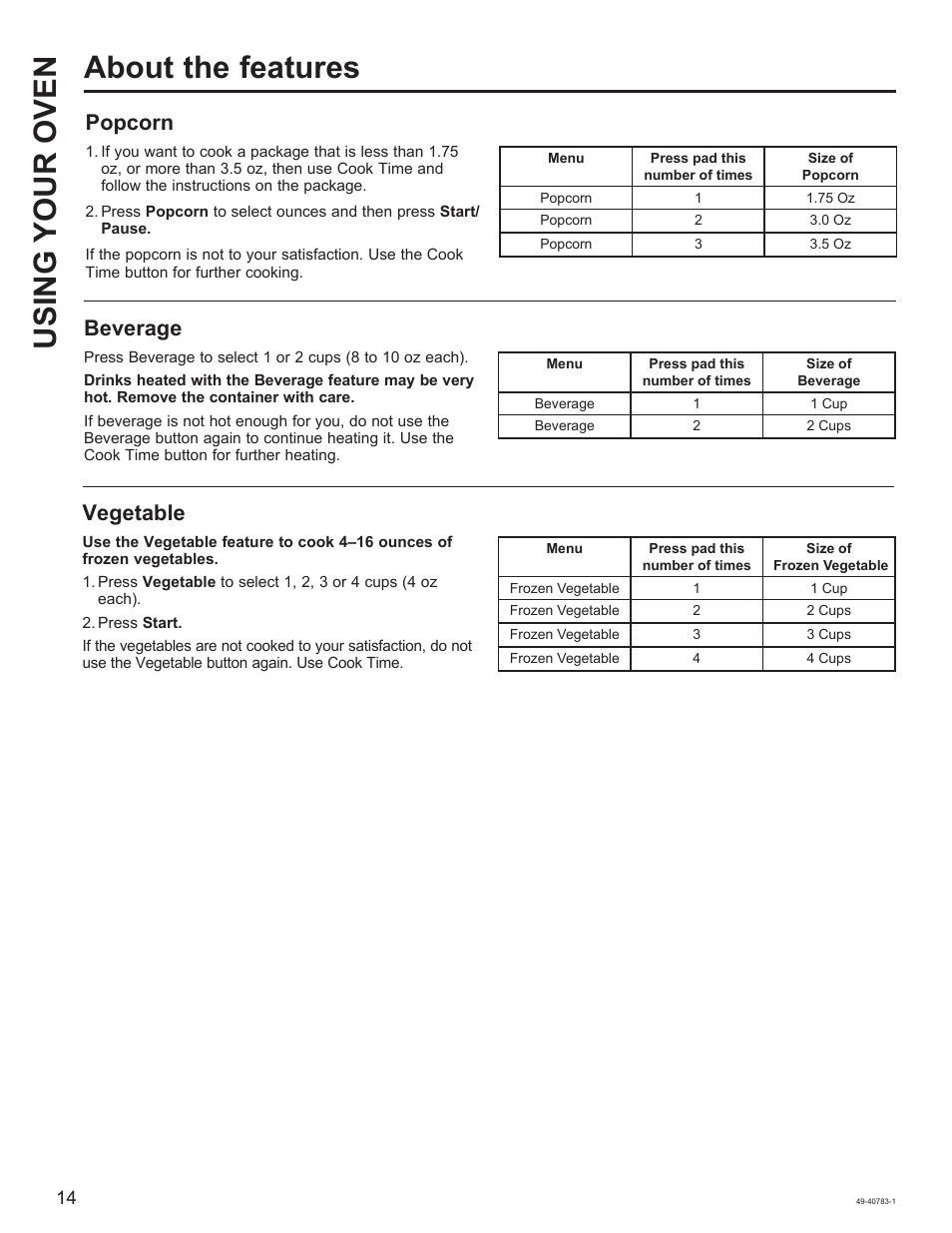 About the features using your oven, Popcorn, Beverage | Vegetable | GE 0.9 cu. ft. Countertop Microwave Oven Use and Care Guide User Manual | Page 14 / 40