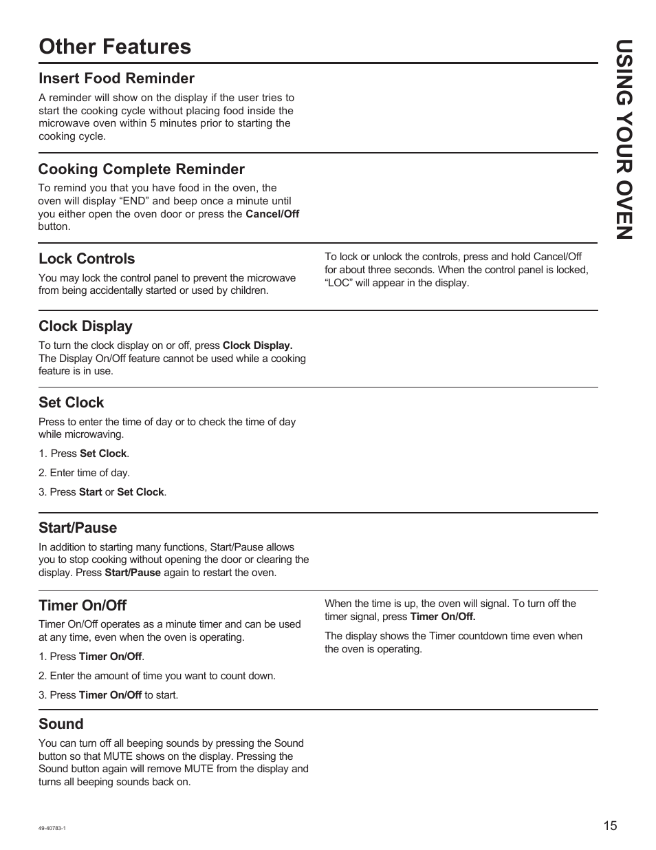 Other features using your oven, Cooking complete reminder, Lock controls | Clock display, Set clock, Start/pause, Timer on/off, Sound, Insert food reminder | GE 0.9 cu. ft. Countertop Microwave Oven Use and Care Guide User Manual | Page 15 / 40