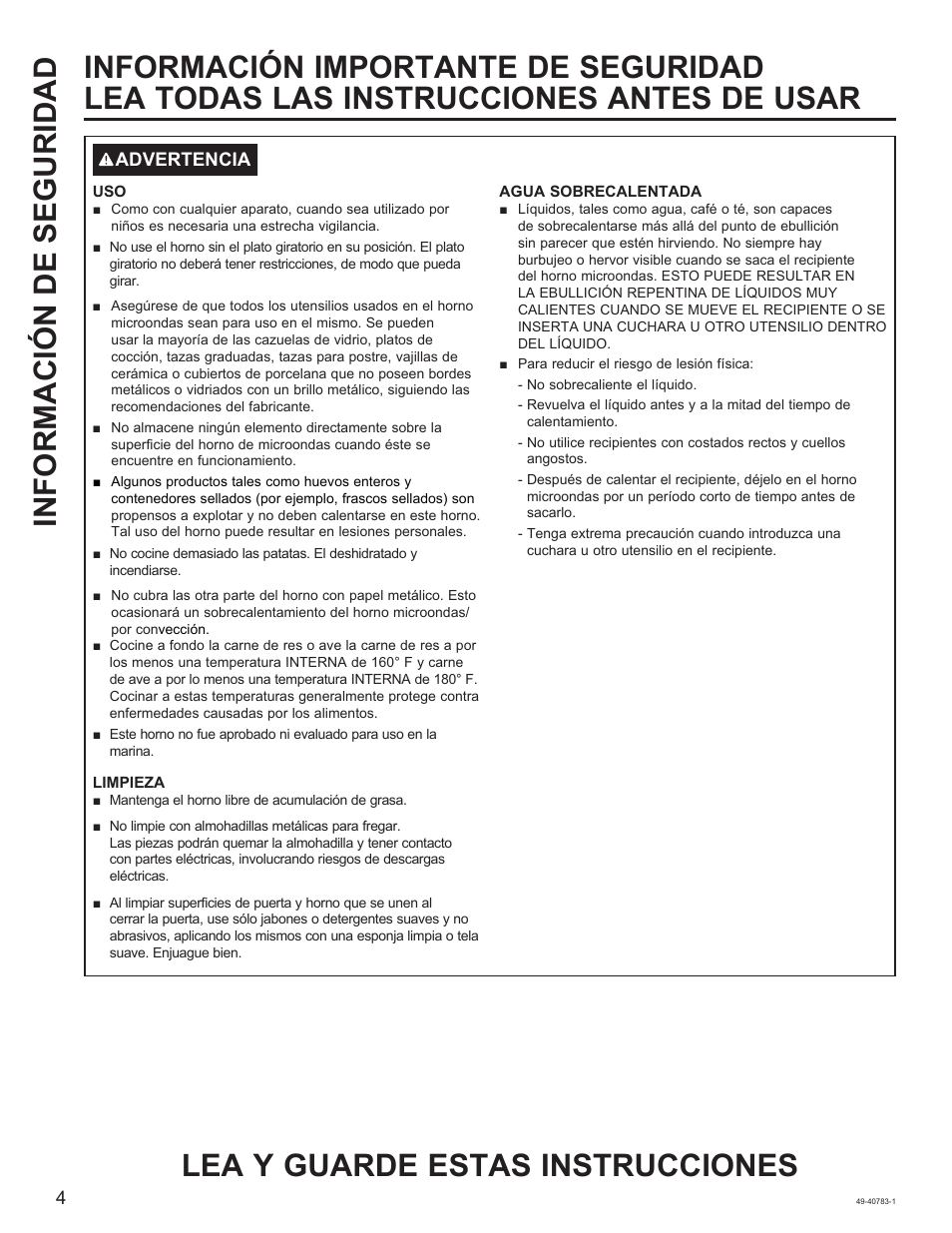 Lea y guarde estas instrucciones | GE 0.9 cu. ft. Countertop Microwave Oven Use and Care Guide User Manual | Page 24 / 40