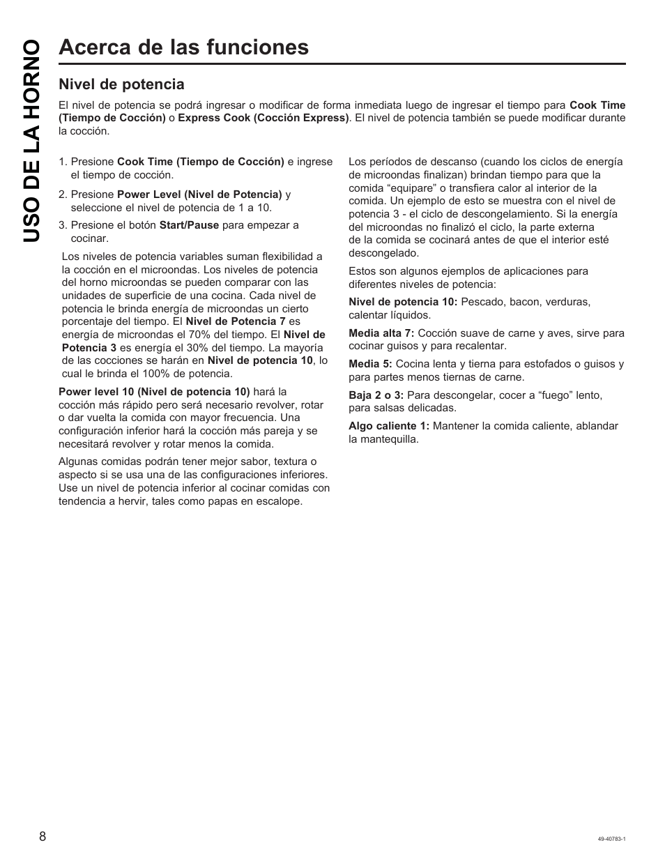 Uso de la horno acerca de las funciones, Nivel de potencia | GE 0.9 cu. ft. Countertop Microwave Oven Use and Care Guide User Manual | Page 28 / 40