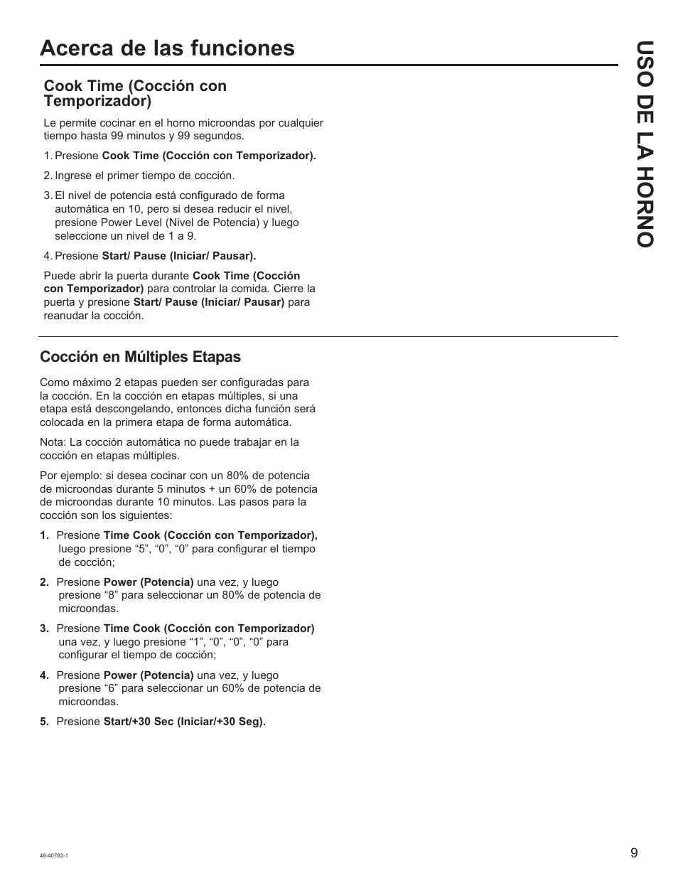 Uso de la horno, Acerca de las funciones, Cook time (cocción con temporizador) | Cocción en múltiples etapas | GE 0.9 cu. ft. Countertop Microwave Oven Use and Care Guide User Manual | Page 29 / 40