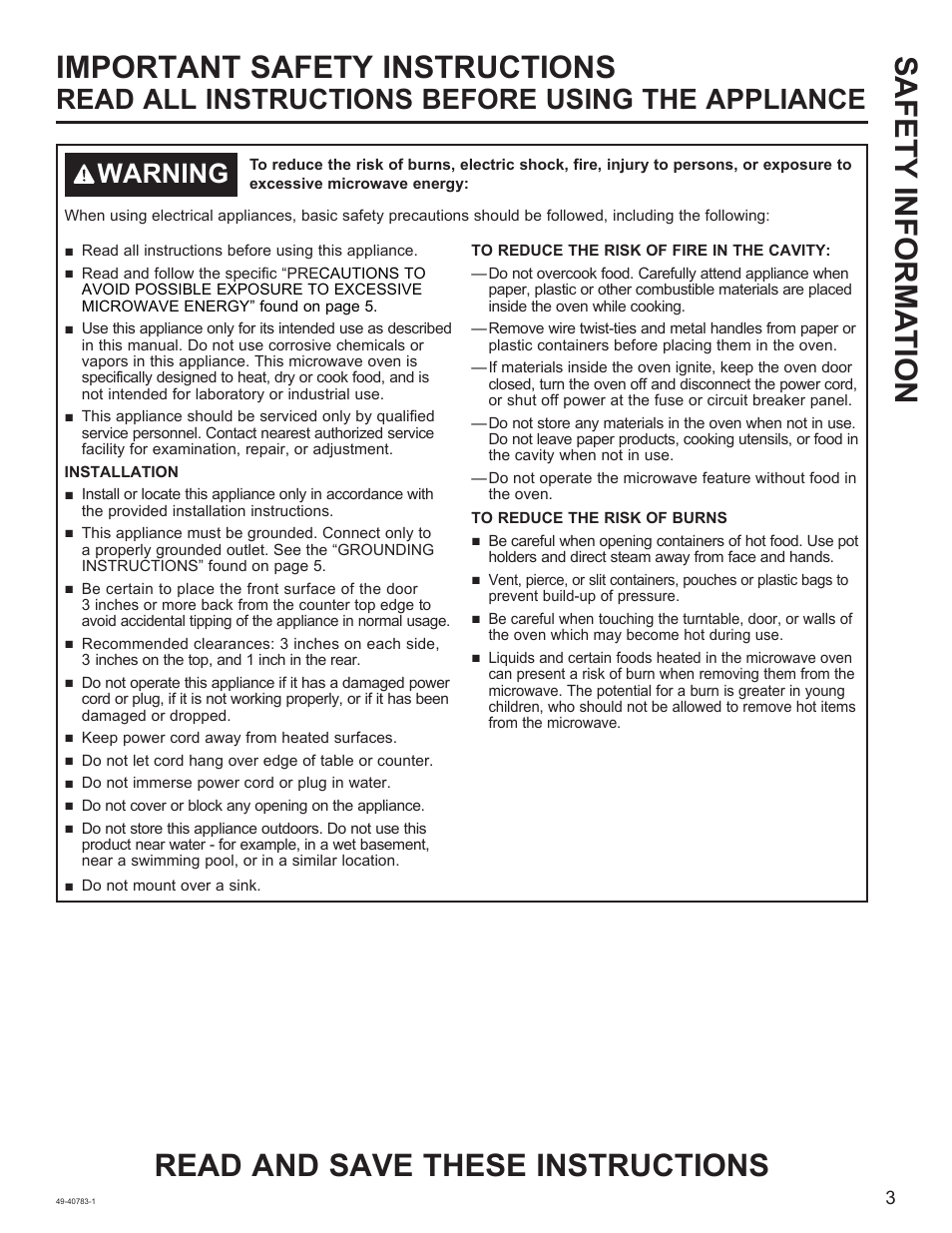 Important safety instructions, Read all instructions before using the appliance, Warning | GE 0.9 cu. ft. Countertop Microwave Oven Use and Care Guide User Manual | Page 3 / 40