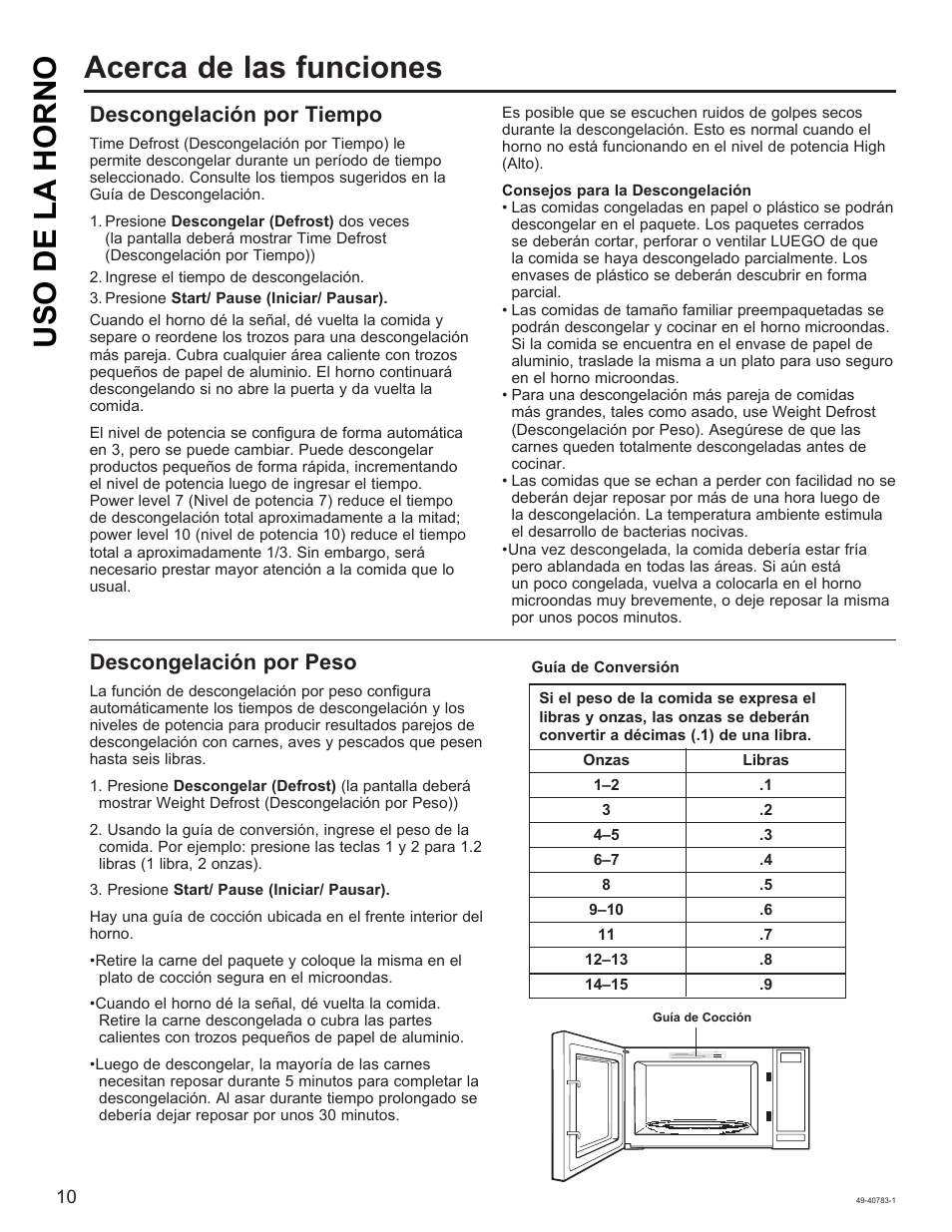 Uso de la horno acerca de las funciones, Descongelación por tiempo, Descongelación por peso | GE 0.9 cu. ft. Countertop Microwave Oven Use and Care Guide User Manual | Page 30 / 40