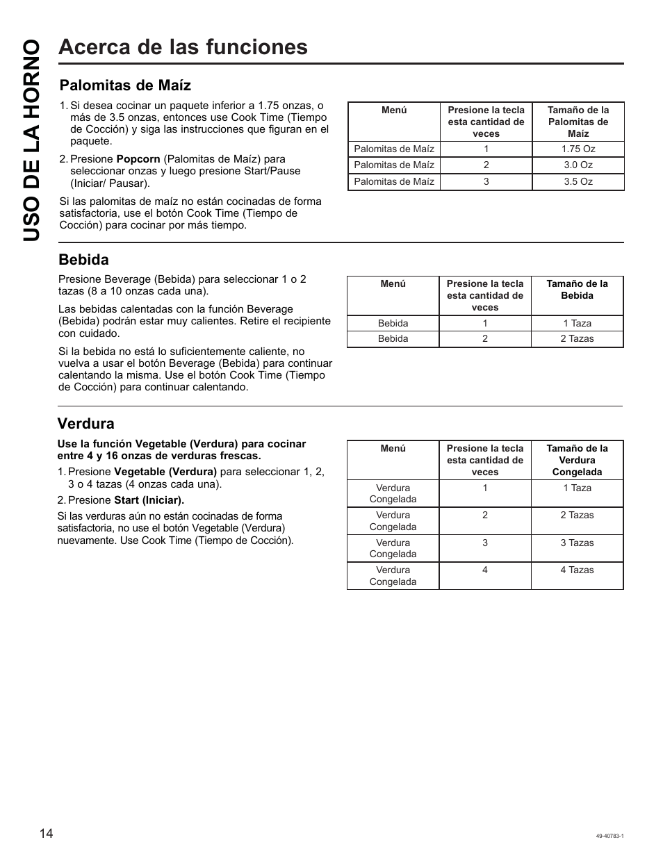 Acerca de las funciones uso de la horno, Palomitas de maíz, Bebida | Verdura | GE 0.9 cu. ft. Countertop Microwave Oven Use and Care Guide User Manual | Page 34 / 40