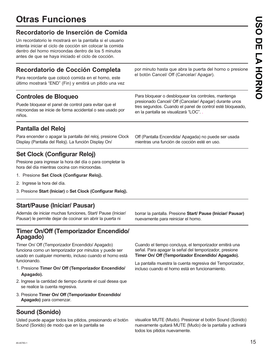 Otras funciones uso de la horno, Recordatorio de cocción completa, Controles de bloqueo | Pantalla del reloj, Set clock (configurar reloj), Start/pause (iniciar/ pausar), Timer on/off (temporizador encendido/ apagado), Sound (sonido), Recordatorio de inserción de comida | GE 0.9 cu. ft. Countertop Microwave Oven Use and Care Guide User Manual | Page 35 / 40