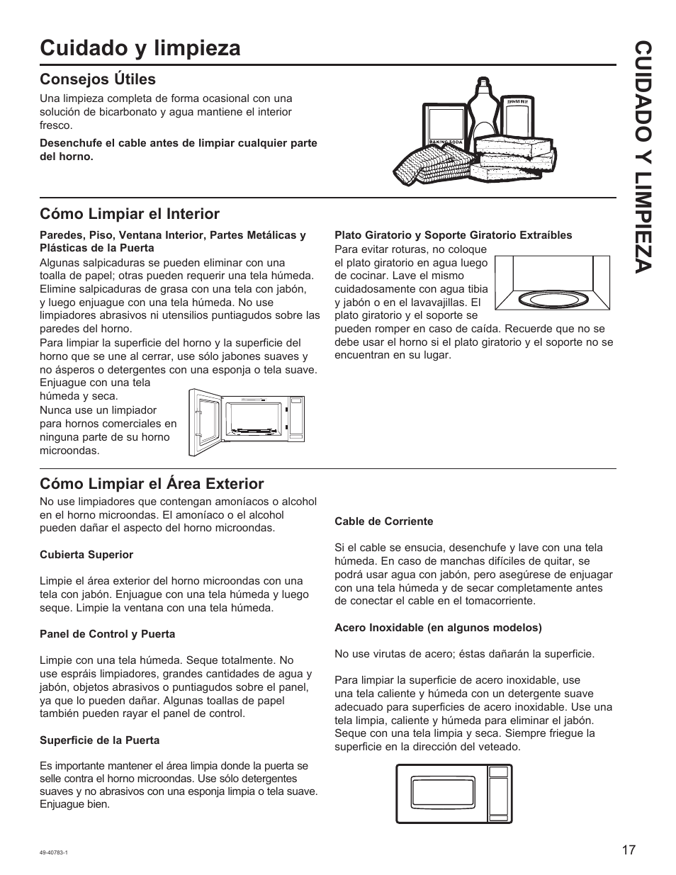 Cuidado y limpieza cuidado y limpieza, Consejos útiles, Cómo limpiar el interior | Cómo limpiar el área exterior | GE 0.9 cu. ft. Countertop Microwave Oven Use and Care Guide User Manual | Page 37 / 40