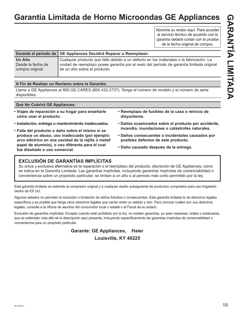 Garantía limit ada | GE 0.9 cu. ft. Countertop Microwave Oven Use and Care Guide User Manual | Page 39 / 40