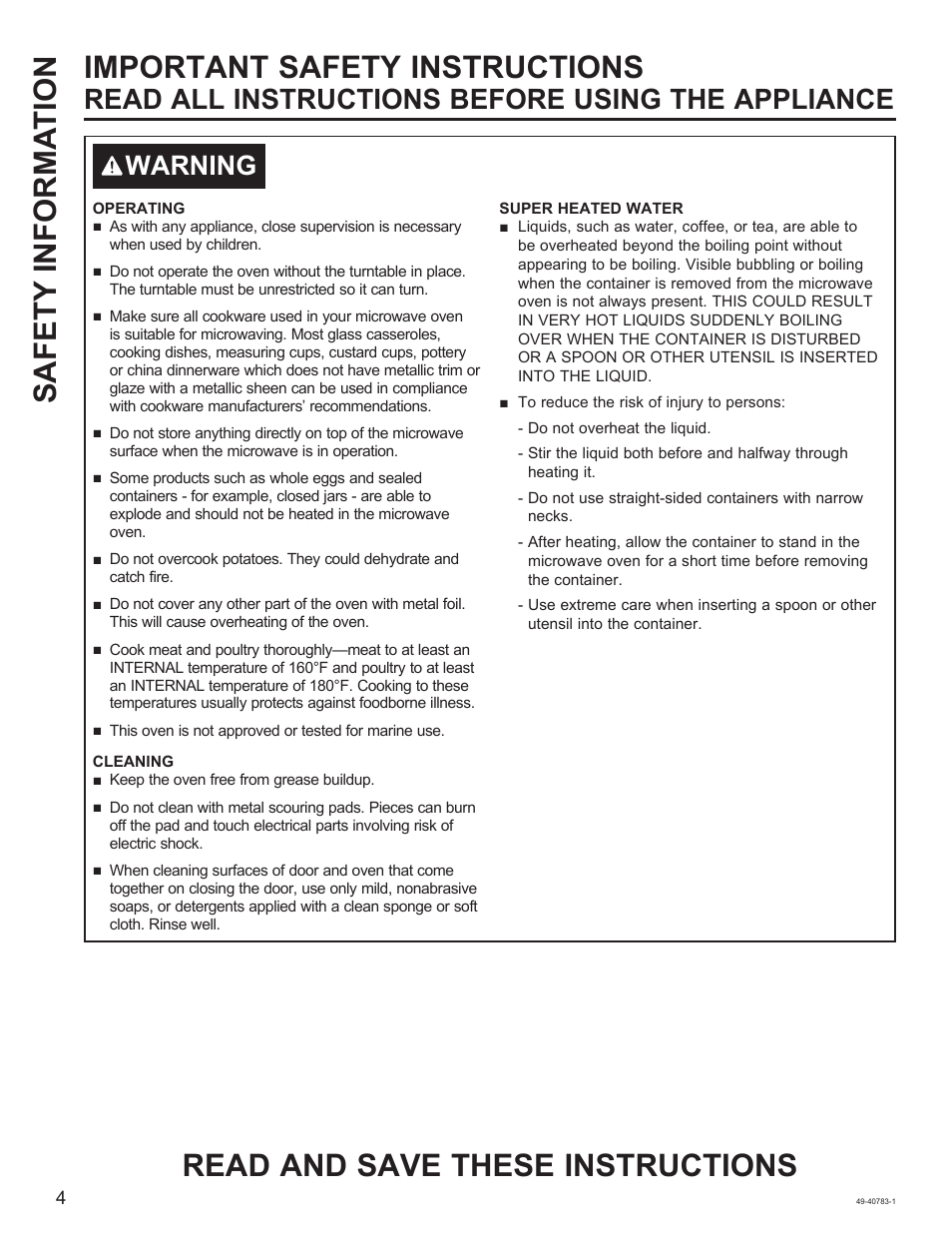 Read all instructions before using the appliance, Warning | GE 0.9 cu. ft. Countertop Microwave Oven Use and Care Guide User Manual | Page 4 / 40