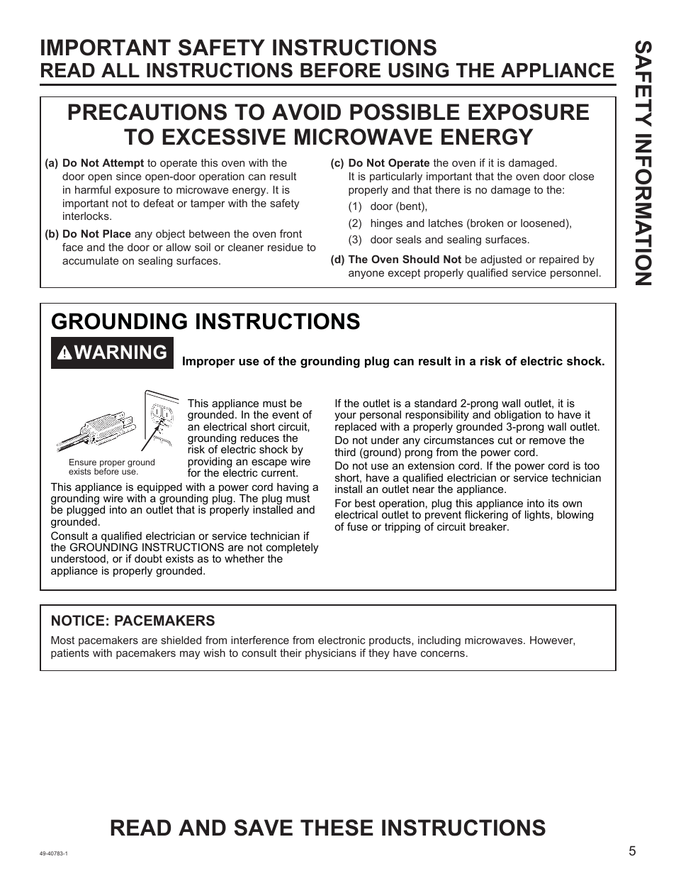 Safety informa tion grounding instructions, Read all instructions before using the appliance, Warning | GE 0.9 cu. ft. Countertop Microwave Oven Use and Care Guide User Manual | Page 5 / 40