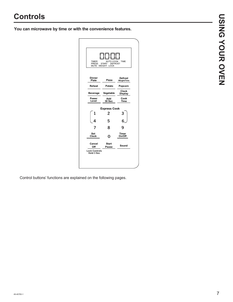 Using your oven controls | GE 0.9 cu. ft. Countertop Microwave Oven Use and Care Guide User Manual | Page 7 / 40