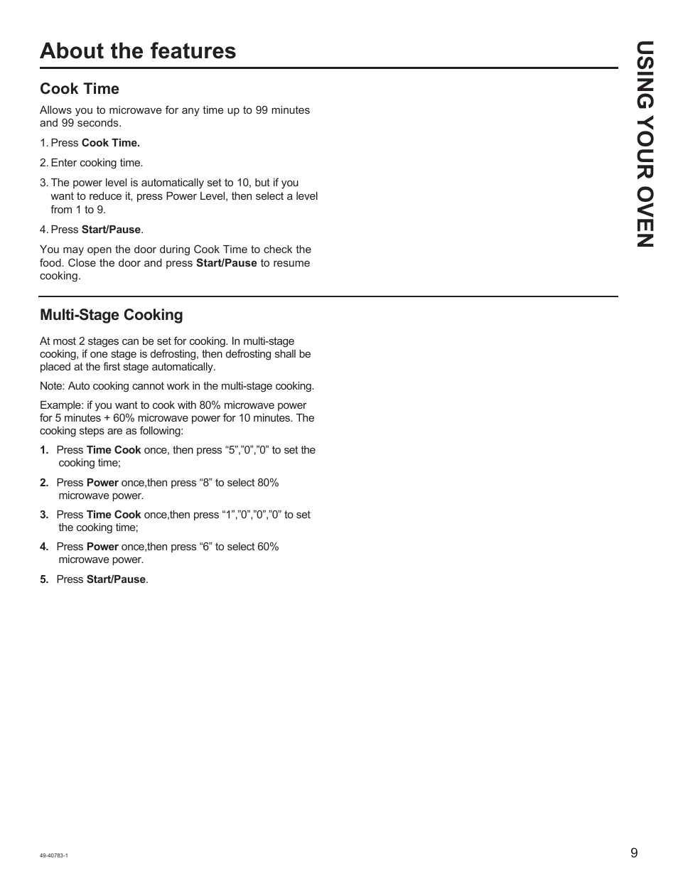 Using your oven, About the features, Cook time | Multi-stage cooking | GE 0.9 cu. ft. Countertop Microwave Oven Use and Care Guide User Manual | Page 9 / 40
