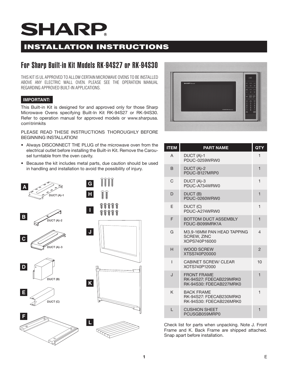 Sharp 1.5 Cu. Ft. Countertop Microwave Oven Installation Guide for Trim Kit User Manual | 8 pages