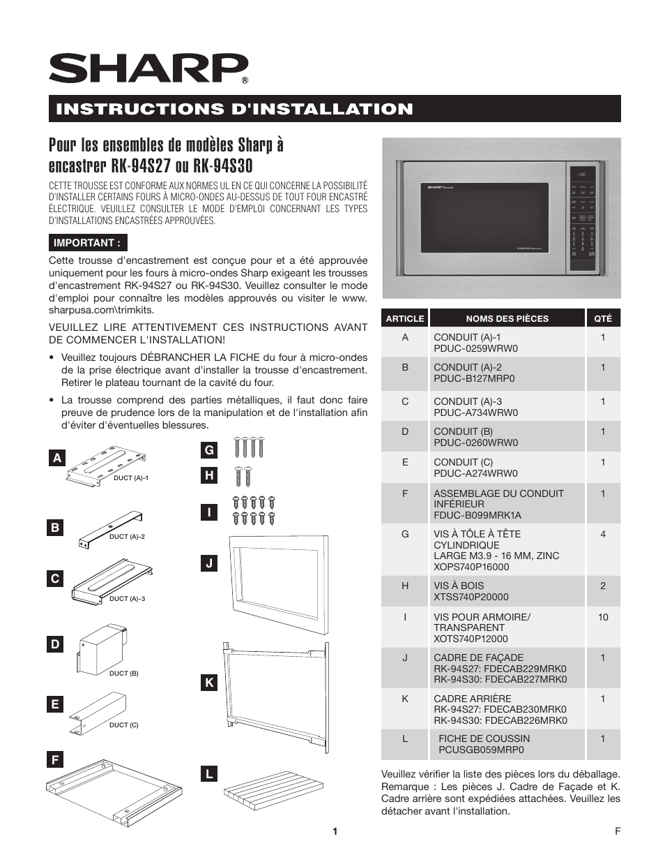 Instructions d'installation | Sharp 1.5 Cu. Ft. Countertop Microwave Oven Installation Guide for Trim Kit User Manual | Page 5 / 8